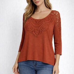 Maitai Rust Crochet Lace Yoke Boho Blouse/3/4 Sleeve Top (1169)